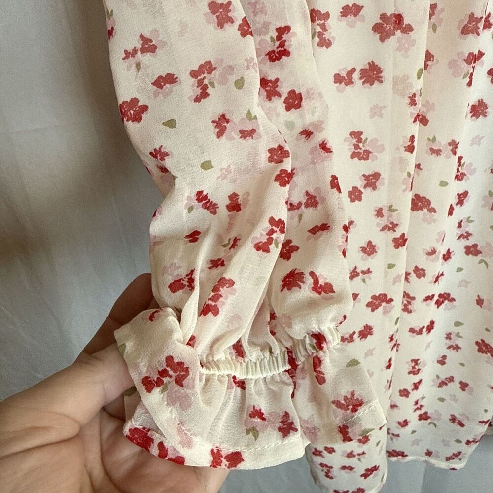 FRANCESCA'S MI AMI WHITE RED FLORAL LONG SLEEVE BABYDOLL DRESS Size XS Preowned - Picture 8 of 16